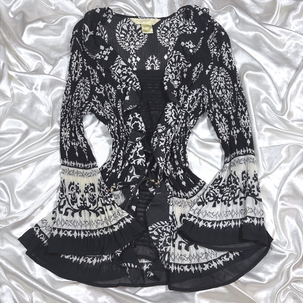 y2k Cardigan Black Fair Damask Pleated Bell Sleeve Ruffle Tie Front Top